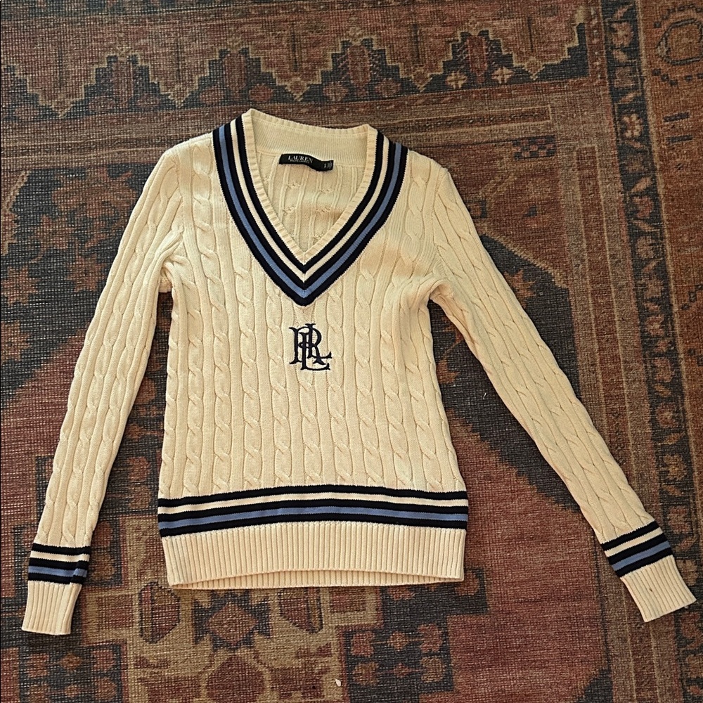 Ralph Lauren Beige V-Neck Sweater with Navy Accents